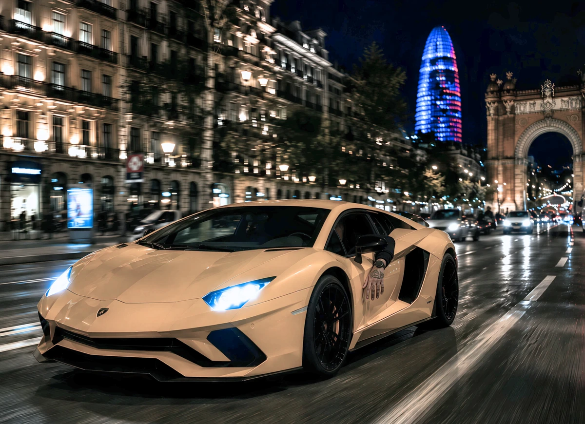 Lamborghini amarillo en una calle de Barcelona de noche
